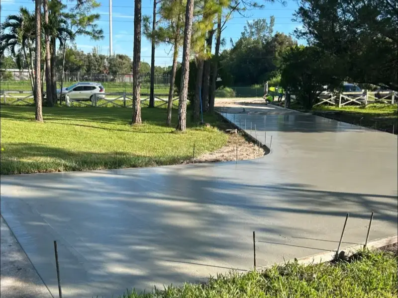 Fresh concrete driveway curving past a lawn