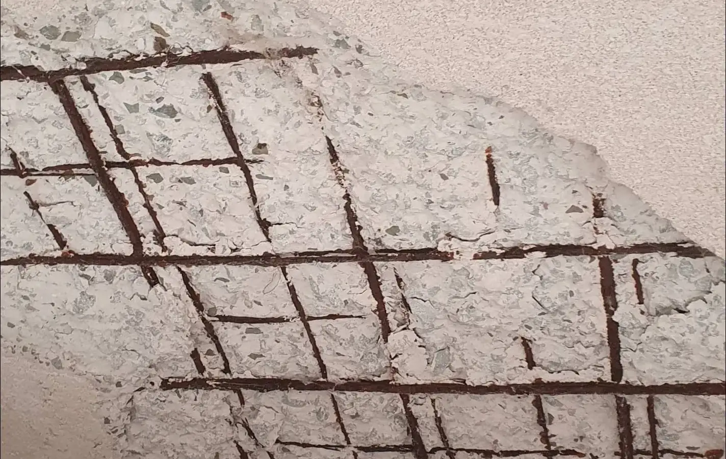 Concrete surface broken away to show a grid of rusted reinforcing steel
